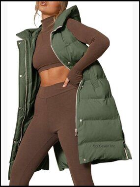 Womens Down Vest with Stand Collar Thick Hooded Sleeveless Long Coats Jacket